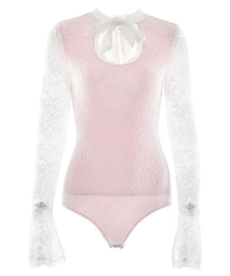 Romantic Rose Lace & White Keyhole Bodysuit - Chic Long Sleeve Top with Self-Tie Bow for Fall