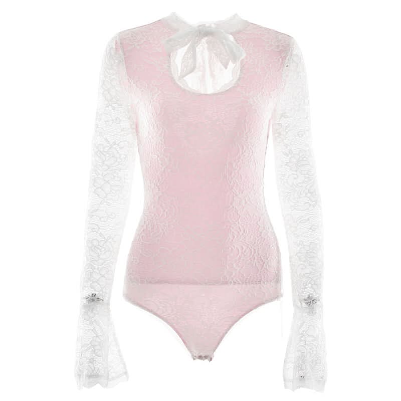 Romantic Rose Lace & White Keyhole Bodysuit - Chic Long Sleeve Top with Self-Tie Bow for Fall