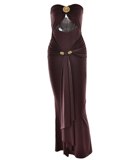 Glamorous Bronze Ruched Cut-Out Maxi Dress - Elegant Gold Medallion & Draped Slit | Fall & Holiday Event Ready