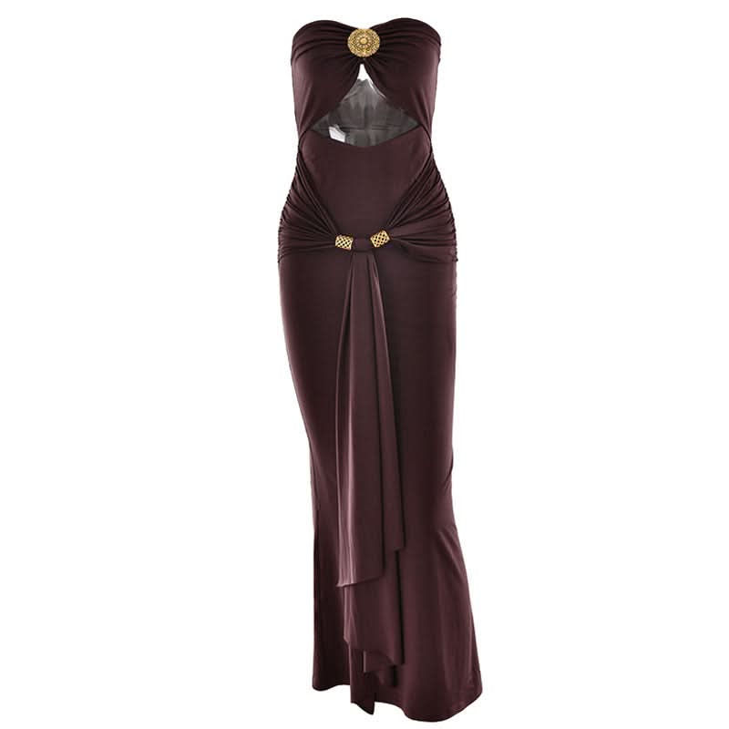 Glamorous Bronze Ruched Cut-Out Maxi Dress - Elegant Gold Medallion & Draped Slit | Fall & Holiday Event Ready