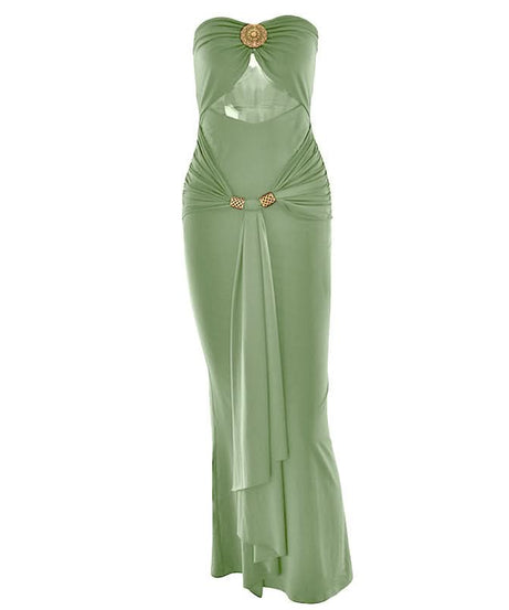 Glamorous Bronze Ruched Cut-Out Maxi Dress - Elegant Gold Medallion & Draped Slit | Fall & Holiday Event Ready