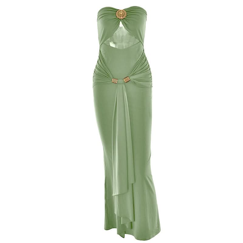 Glamorous Bronze Ruched Cut-Out Maxi Dress - Elegant Gold Medallion & Draped Slit | Fall & Holiday Event Ready