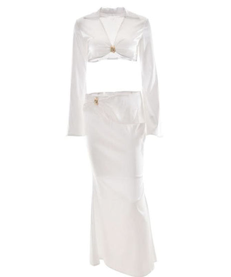 Luxurious White Satin Draped Maxi Skirt & Crop Top Set - Your Fall & Holiday Event Glam