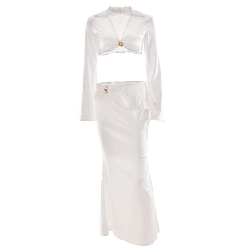 Luxurious White Satin Draped Maxi Skirt & Crop Top Set - Your Fall & Holiday Event Glam