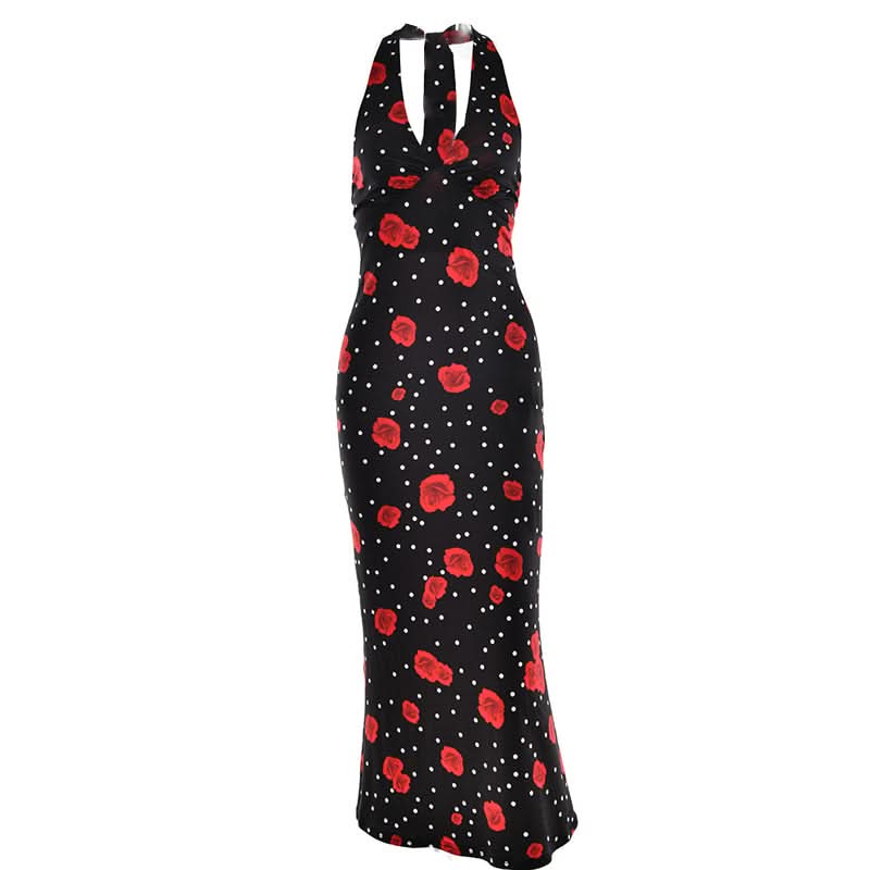Vintage Chic Red Rose & Polka Dot Halter Maxi Dress - Fall & Holiday Glamour