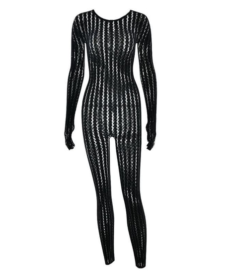 Sultry Black Sheer Knit Jumpsuit with Integrated Gloves | Halloween & Fall Party Ready
