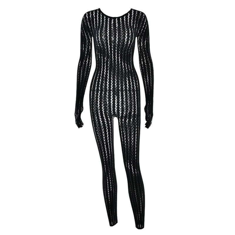 Sultry Black Sheer Knit Jumpsuit with Integrated Gloves | Halloween & Fall Party Ready