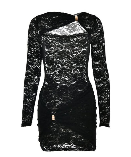 Sultry Black Lace Cut-Out Mini Dress with Gold Accent | Fall & Holiday Party Ready