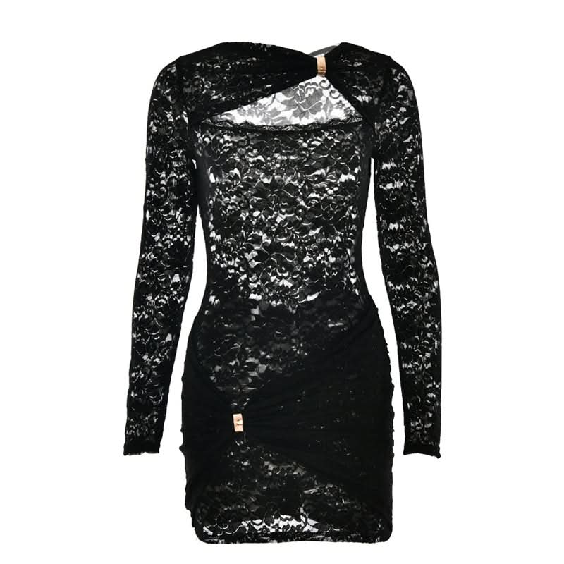Sultry Black Lace Cut-Out Mini Dress with Gold Accent | Fall & Holiday Party Ready