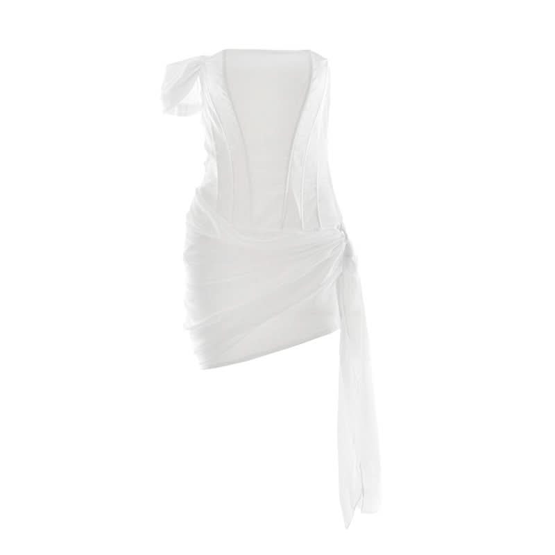 Chic White Asymmetrical Ruched Mini Dress with Draped Sash - Perfect for Holiday Parties & NYE