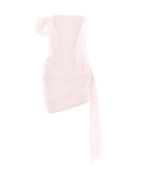 Chic White Asymmetrical Ruched Mini Dress with Draped Sash - Perfect for Holiday Parties & NYE