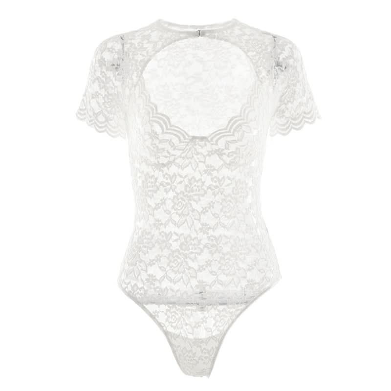 Fall Romance: Chic Burgundy Lace Bodysuit - Keyhole Short Sleeve & Scalloped Detail