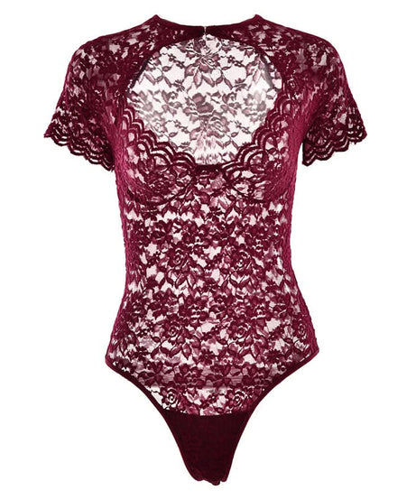 Fall Romance: Chic Burgundy Lace Bodysuit - Keyhole Short Sleeve & Scalloped Detail