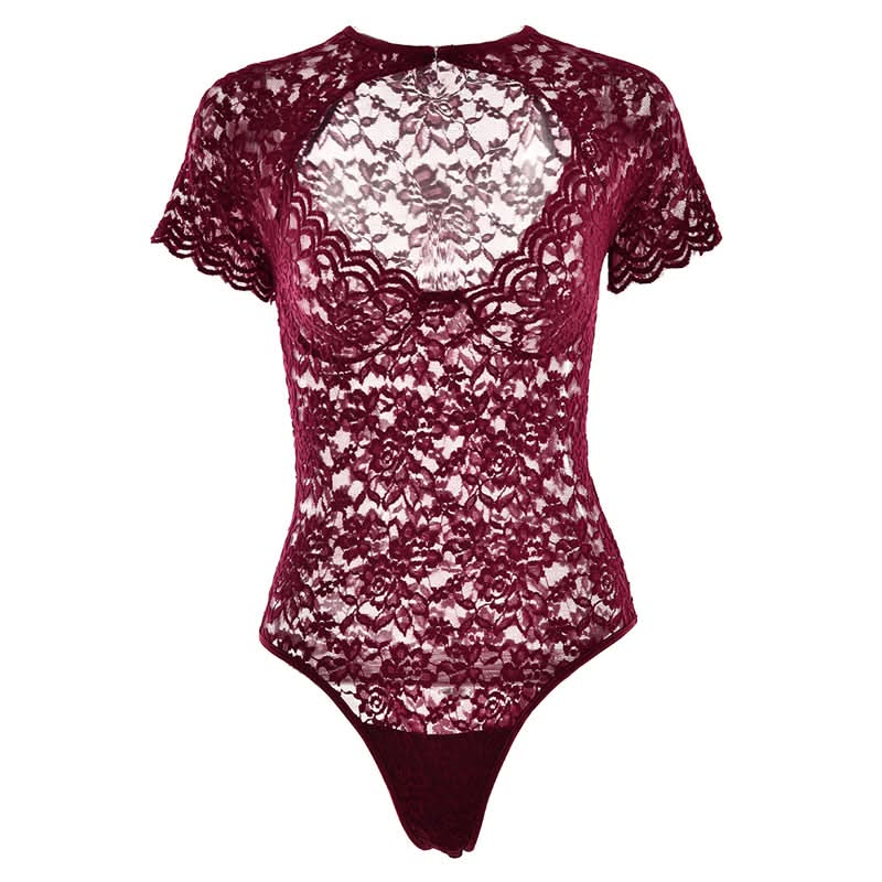 Fall Romance: Chic Burgundy Lace Bodysuit - Keyhole Short Sleeve & Scalloped Detail