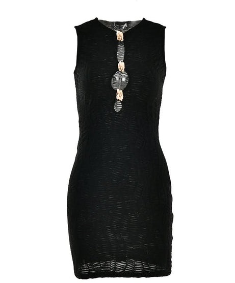 Dazzle & Shine: Black Ruched Cutout Mini Dress with Gold Hardware | Fall & Holiday Party Perfect