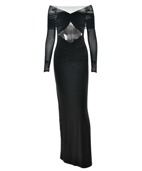Sultry Black Sheer Mesh Sleeve Maxi Dress with Hooded Drape & Cutouts - Fall Party & Event Ready