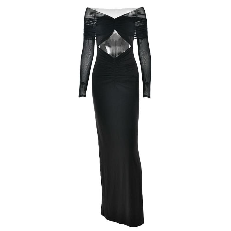 Sultry Black Sheer Mesh Sleeve Maxi Dress with Hooded Drape & Cutouts - Fall Party & Event Ready