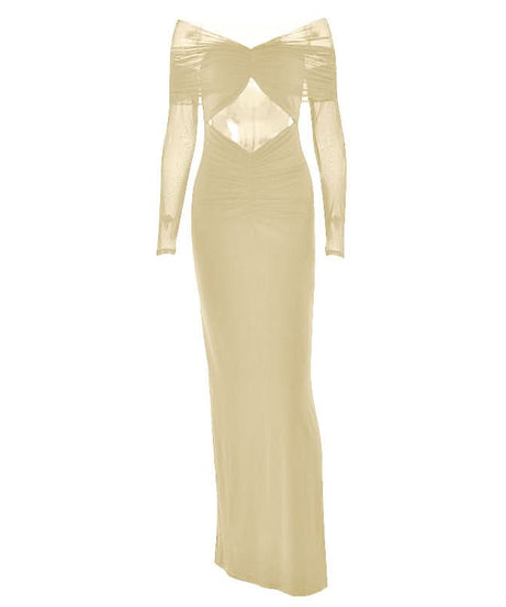 Sultry Black Sheer Mesh Sleeve Maxi Dress with Hooded Drape & Cutouts - Fall Party & Event Ready