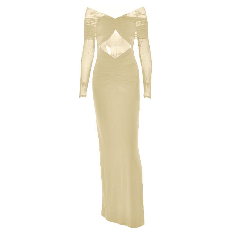 Sultry Black Sheer Mesh Sleeve Maxi Dress with Hooded Drape & Cutouts - Fall Party & Event Ready