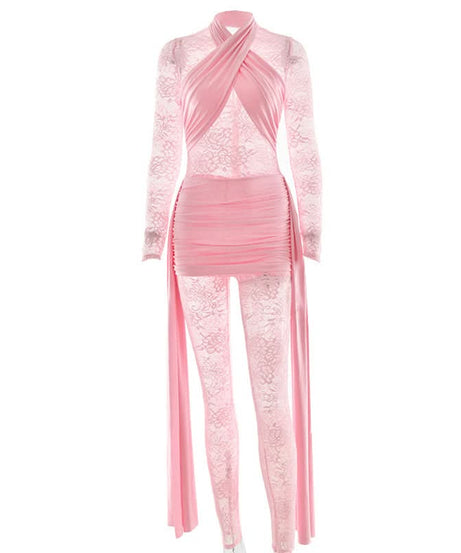 Blush Pink Lace & Ruched Jumpsuit - Daring Long Sleeve Party & Holiday Glam