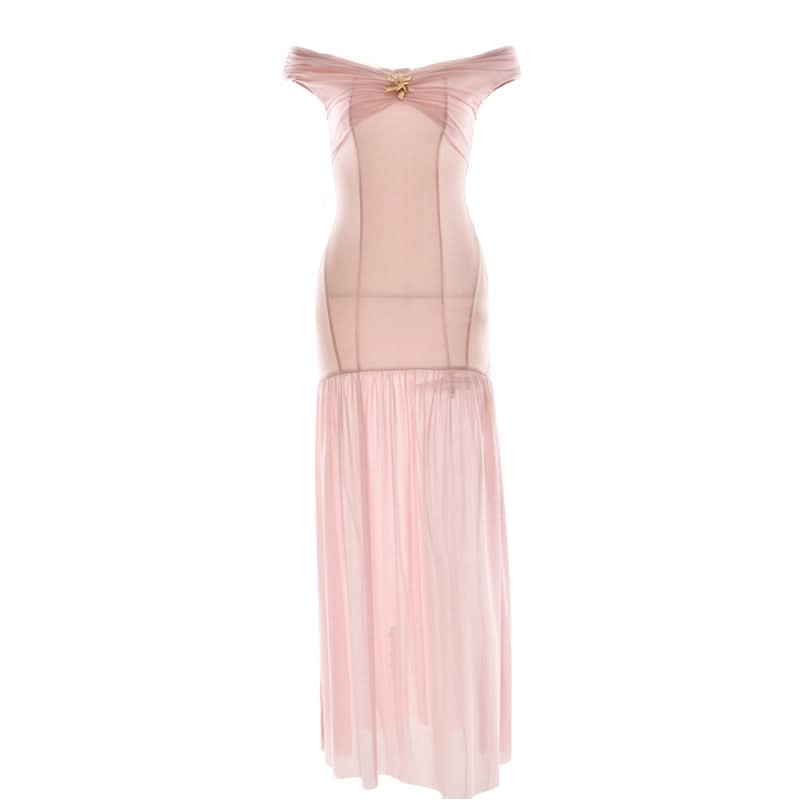 Blush Pink Off-Shoulder Mesh Maxi Dress - Enchanting Fall Gala & Holiday Party Gown