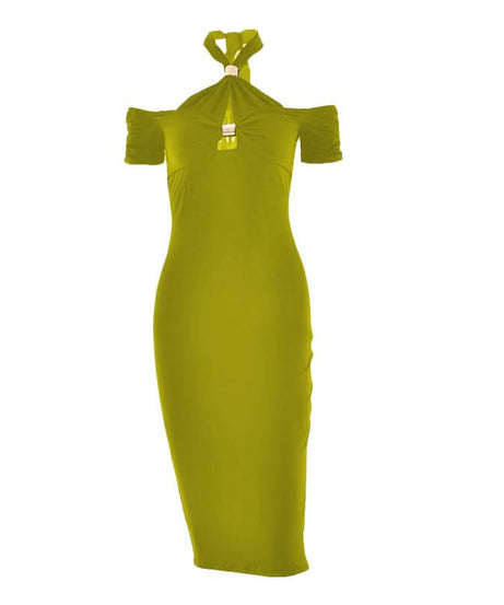 Sculpted Chic: Black Halter Cold Shoulder Cutout Midi Dress for Fall & Holiday Parties