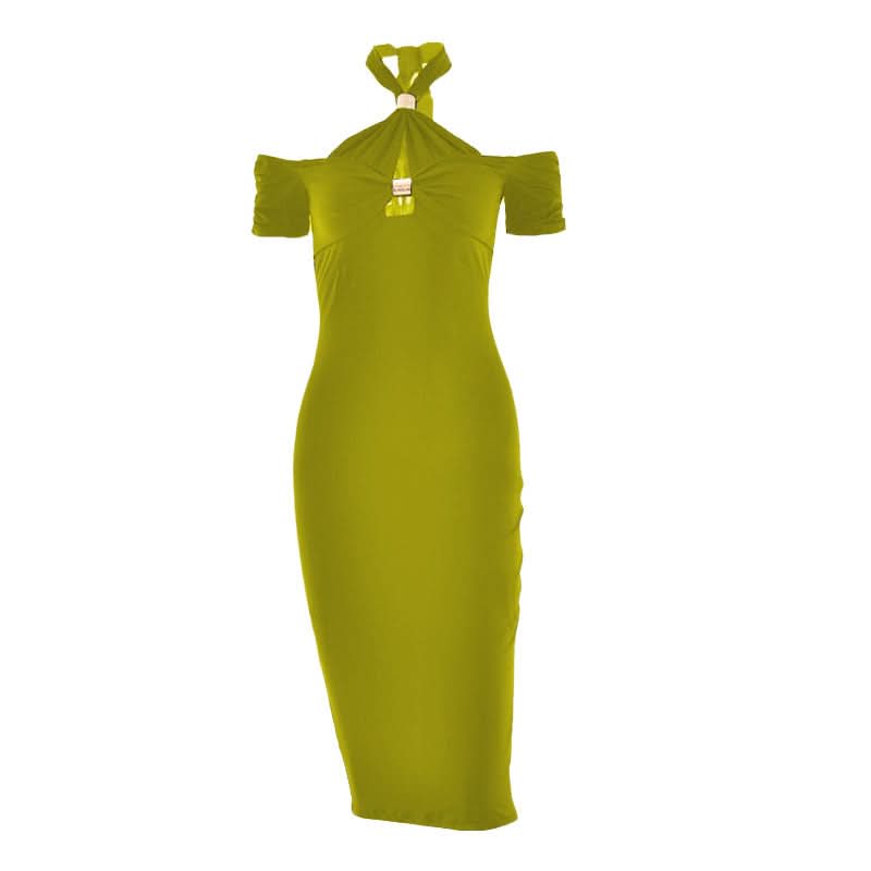 Sculpted Chic: Black Halter Cold Shoulder Cutout Midi Dress for Fall & Holiday Parties