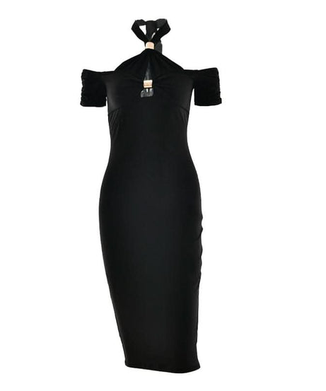 Sculpted Chic: Black Halter Cold Shoulder Cutout Midi Dress for Fall & Holiday Parties