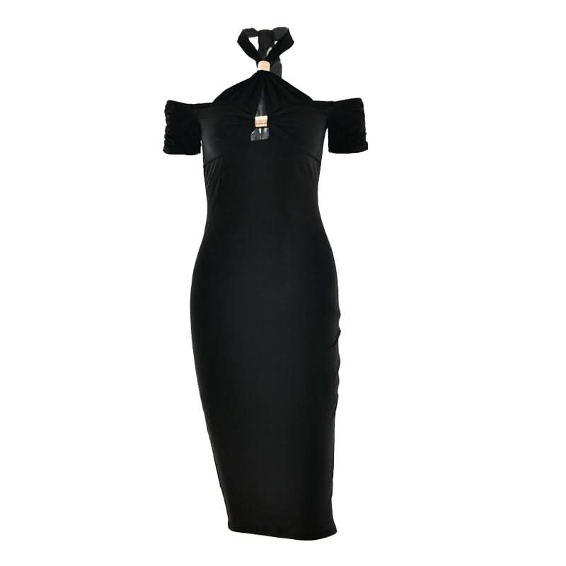 Sculpted Chic: Black Halter Cold Shoulder Cutout Midi Dress for Fall & Holiday Parties