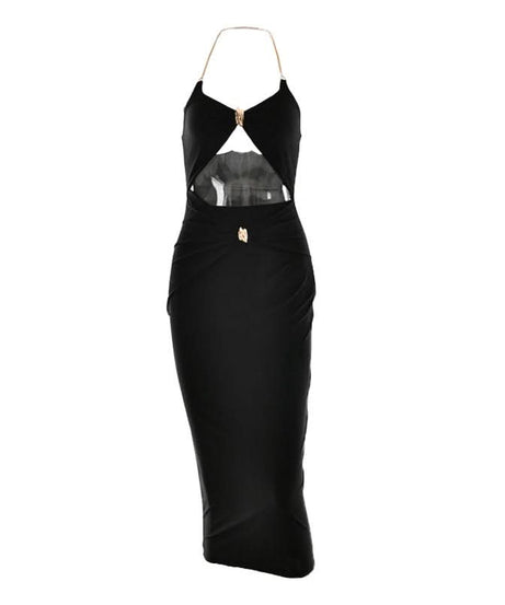 Glamorous Black Halter Cutout Midi Dress with Gold Chain – Perfect for Fall & Holiday Parties