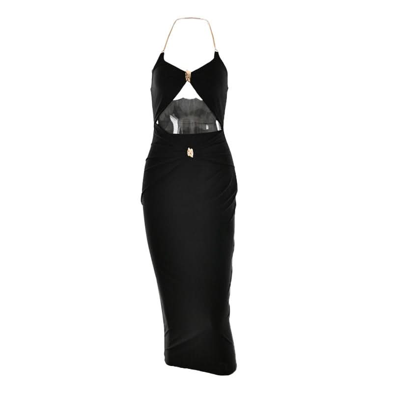Glamorous Black Halter Cutout Midi Dress with Gold Chain – Perfect for Fall & Holiday Parties
