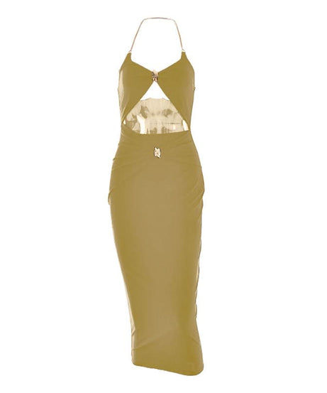 Glamorous Black Halter Cutout Midi Dress with Gold Chain – Perfect for Fall & Holiday Parties