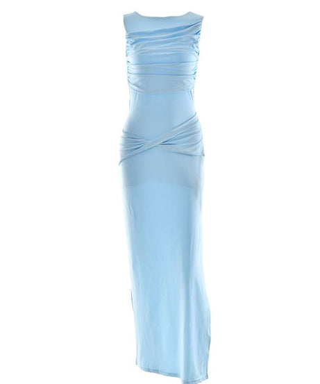 Sky Blue Ruched Maxi Dress: Elegant Sleeveless Bodycon for Fall Getaways & Resort Chic