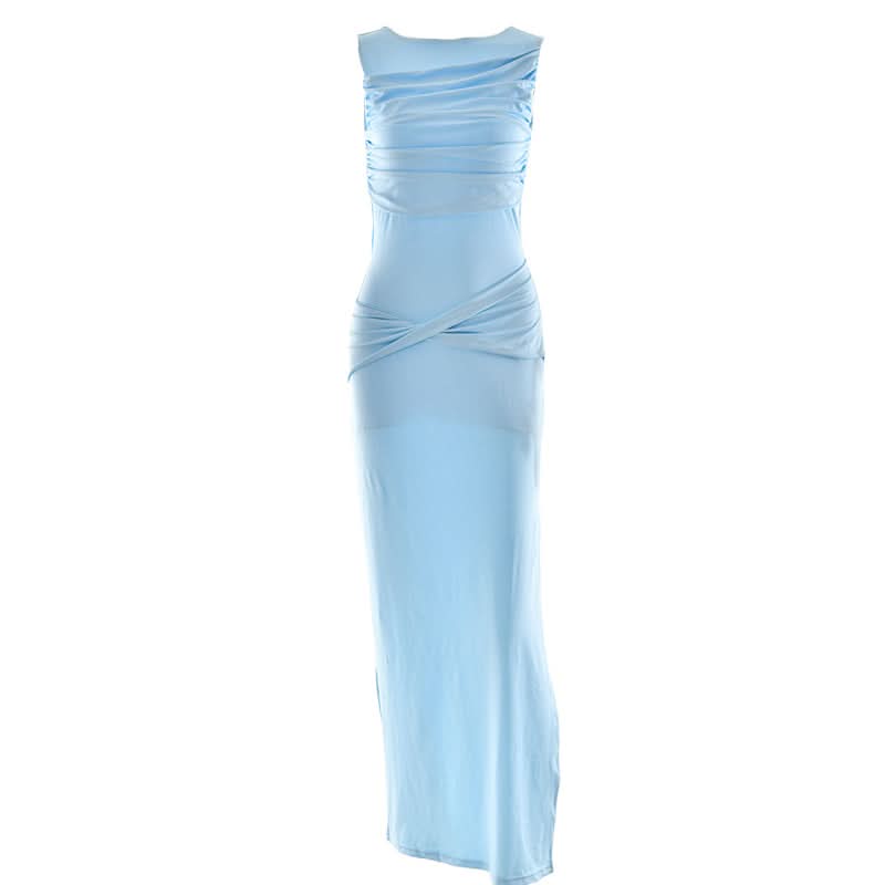 Sky Blue Ruched Maxi Dress: Elegant Sleeveless Bodycon for Fall Getaways & Resort Chic