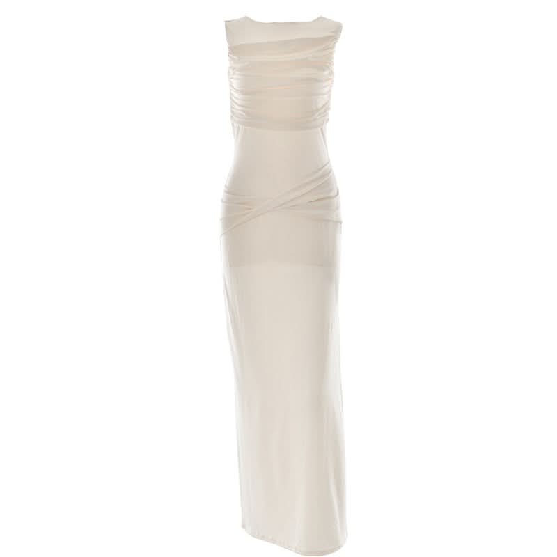 Sky Blue Ruched Maxi Dress: Elegant Sleeveless Bodycon for Fall Getaways & Resort Chic