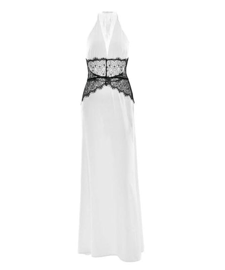 Chic White Halter Maxi Dress with Alluring Black Lace Detail - Your Holiday & NYE Glamour Statement