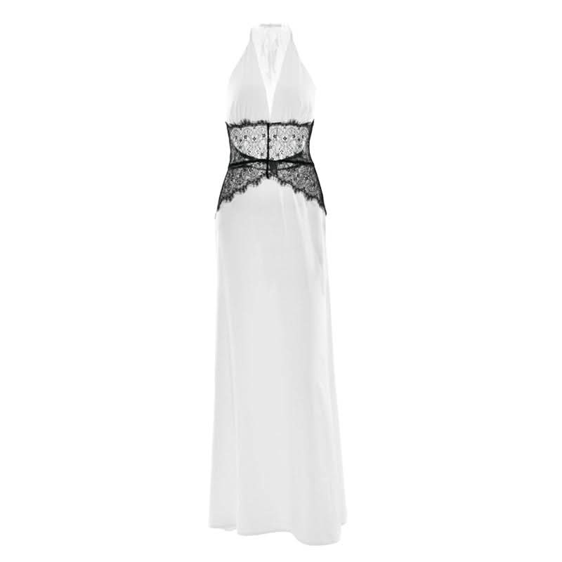 Chic White Halter Maxi Dress with Alluring Black Lace Detail - Your Holiday & NYE Glamour Statement