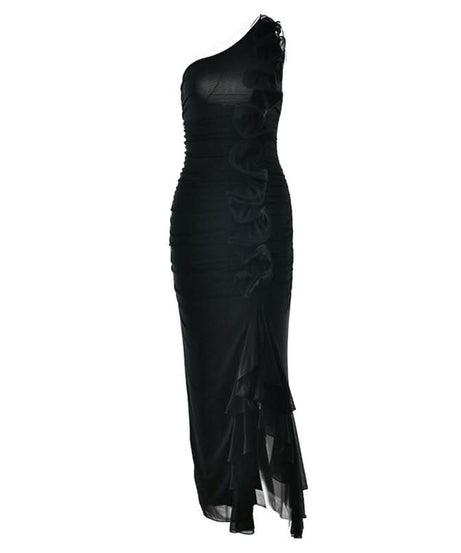 Elegant Black One-Shoulder Ruffle Maxi Gown - Your Fall & Holiday Event Showstopper