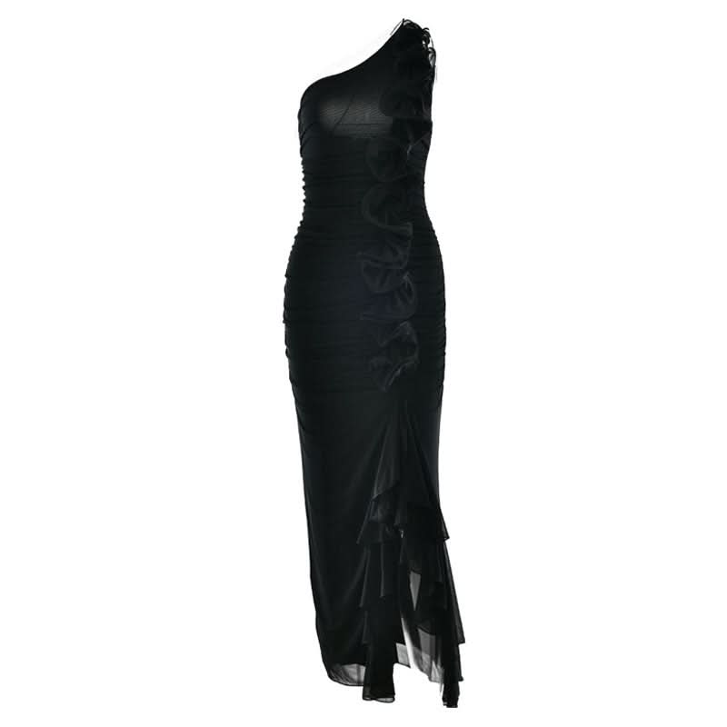 Elegant Black One-Shoulder Ruffle Maxi Gown - Your Fall & Holiday Event Showstopper
