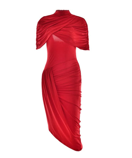 Crimson Elegance: Draped Ruched Asymmetrical Midi Dress – Perfect for Fall & Holiday Parties
