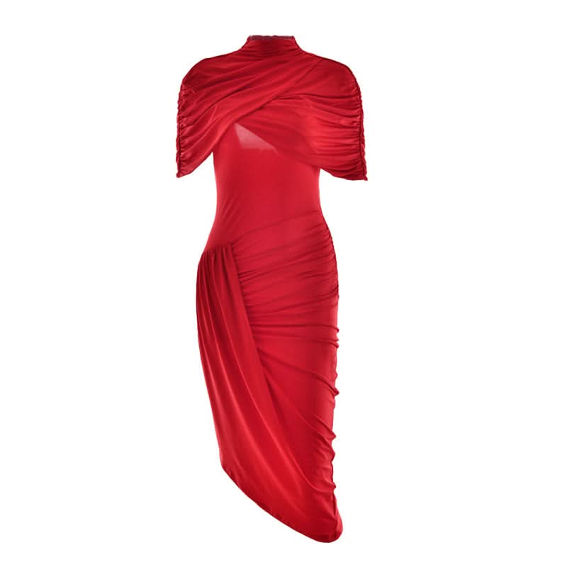 Crimson Elegance: Draped Ruched Asymmetrical Midi Dress – Perfect for Fall & Holiday Parties