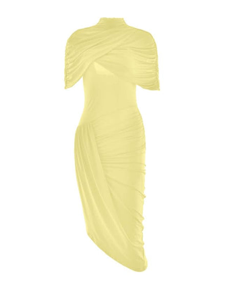 Crimson Elegance: Draped Ruched Asymmetrical Midi Dress – Perfect for Fall & Holiday Parties