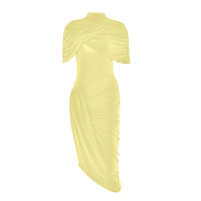 Crimson Elegance: Draped Ruched Asymmetrical Midi Dress – Perfect for Fall & Holiday Parties