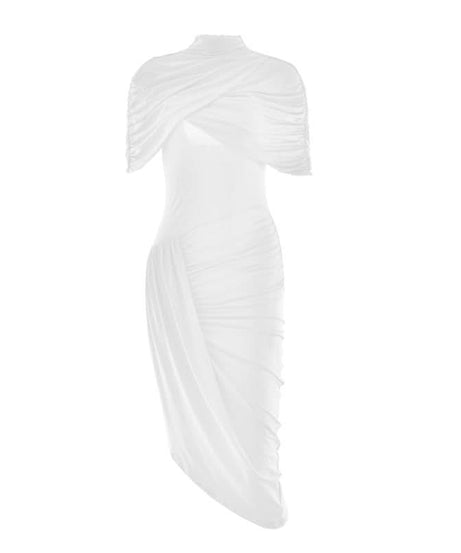 Crimson Elegance: Draped Ruched Asymmetrical Midi Dress – Perfect for Fall & Holiday Parties