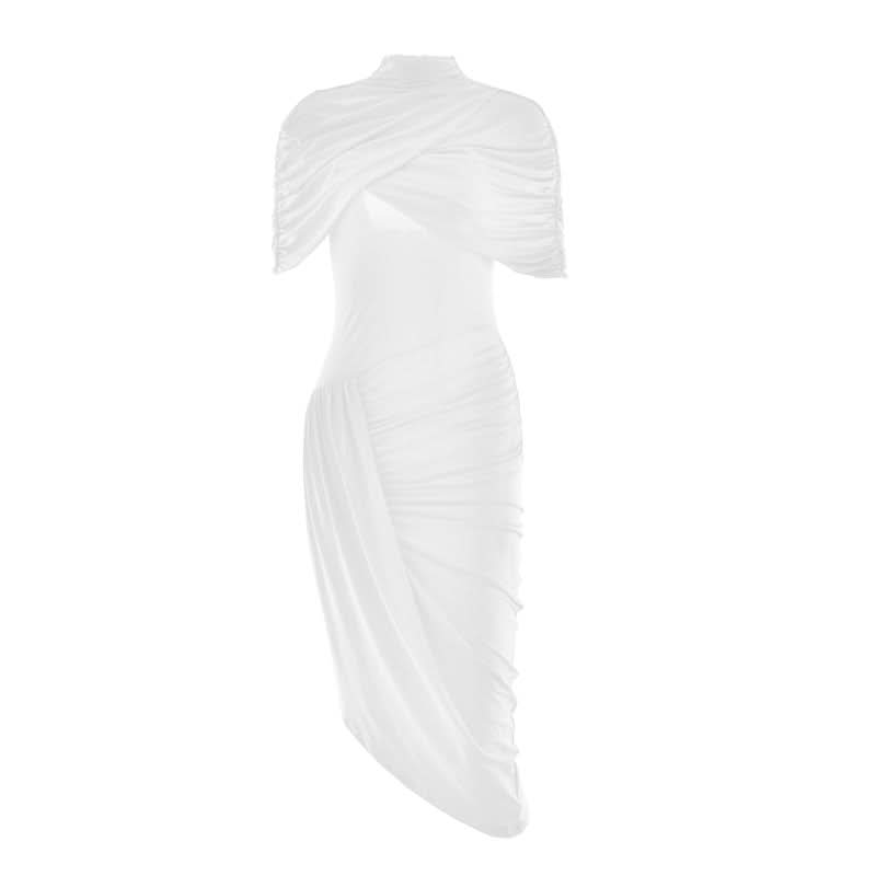 Crimson Elegance: Draped Ruched Asymmetrical Midi Dress – Perfect for Fall & Holiday Parties