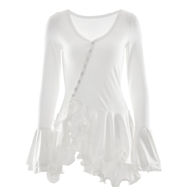 Autumn Chic Asymmetrical Ruffle Bell Sleeve Tunic Top | Effortless White Mini Dress