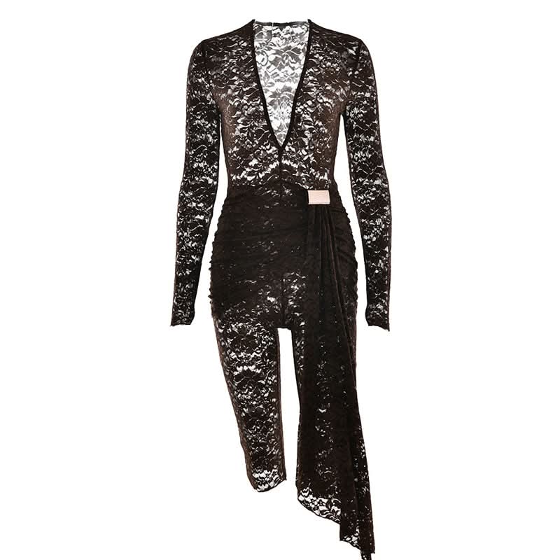 Haute Halloween & Holiday Ready: Daring Black Lace Deep V Asymmetrical Romper