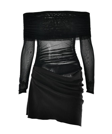 Sultry Black Sheer Mesh Off-Shoulder Mini Dress - Fall Party & Date Night Ready