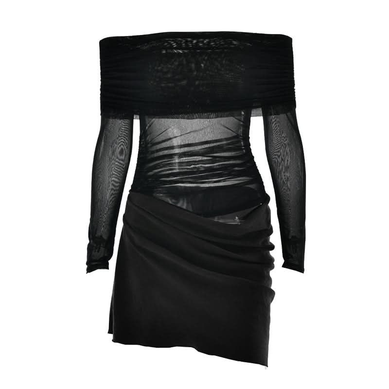 Sultry Black Sheer Mesh Off-Shoulder Mini Dress - Fall Party & Date Night Ready