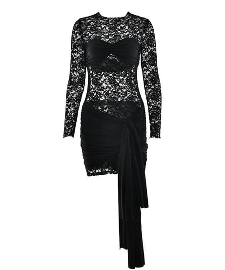 Black Lace Long Sleeve Ruched Mini Dress with Dramatic Asymmetrical Drape | Fall & Holiday Party Glam